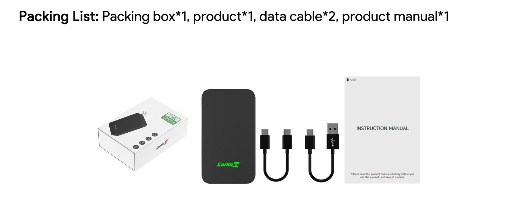 The contents of the Carlinkit 2air package, including the device, a user manual, and two cables